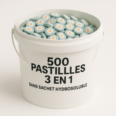 500 pastilles lave-vaisselle 3 en 1 Bulléo en vrac cassées : nettoient, rincent, protègent. Sans sachet hydrosoluble. Éco, écolo, ultra-efficace.